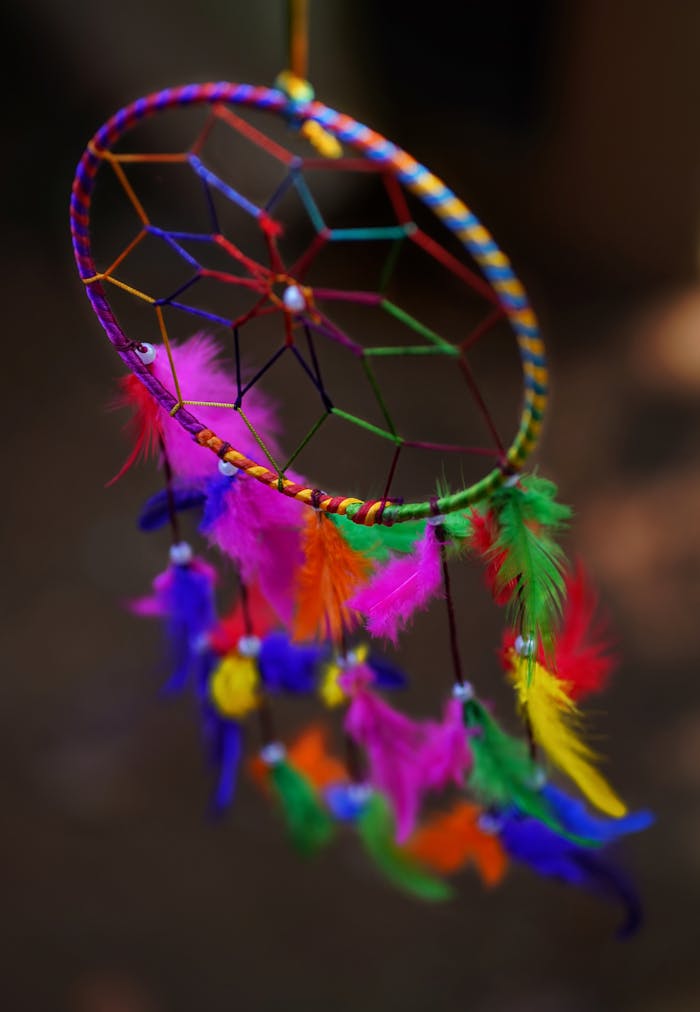 services-03 A colorful dream catcher with vibrant feathers against a blurred background.