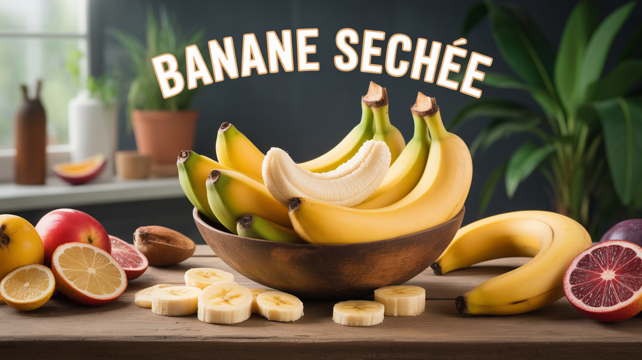 bol de bananes sechees et autres fruits secs sur table