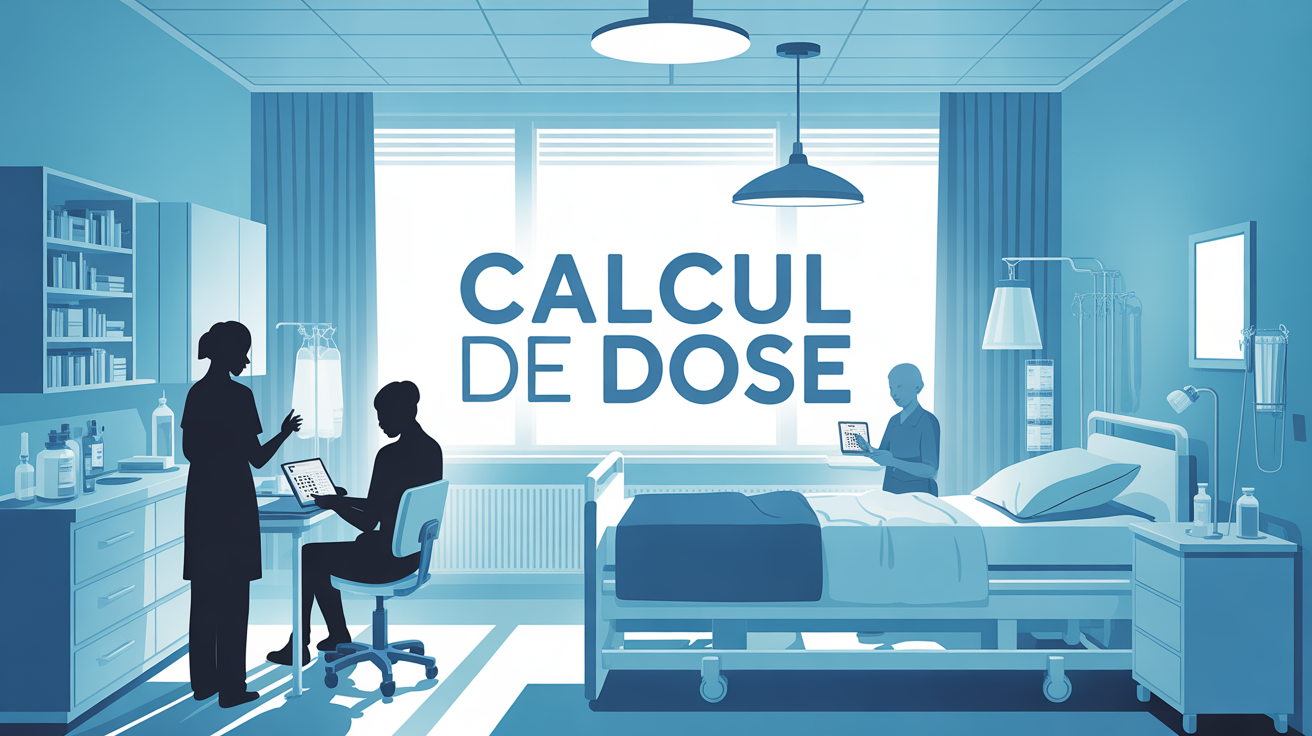 Calcul de dose infirmier avec tablette en chambre d'hopital
