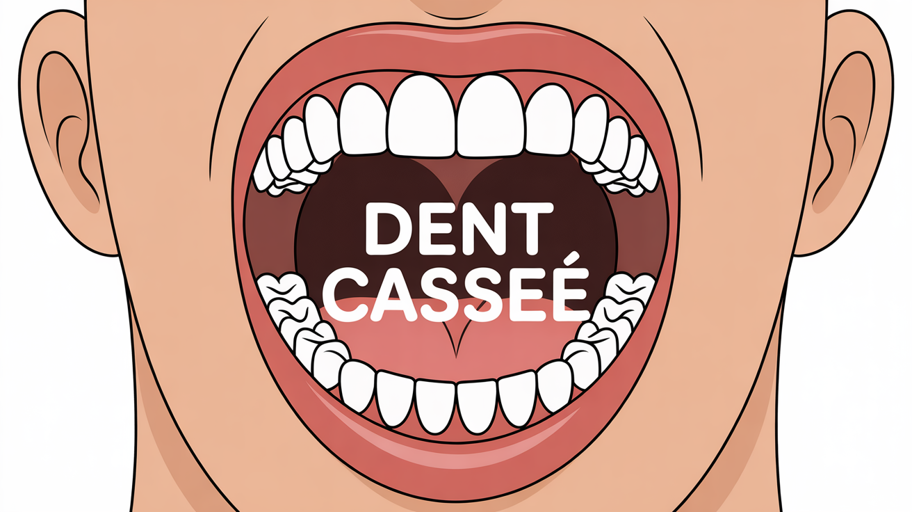 Bouche ouverte avec dent cassée et objets de secours