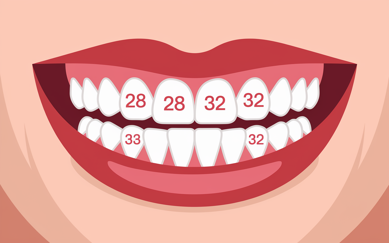schema dents adulte 28 ou 32 avec dents de sagesse en couleur