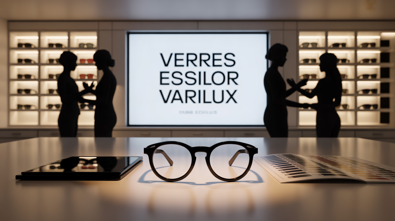 Comparatif verres Essilor Varilux sur table avec lunettes et guide