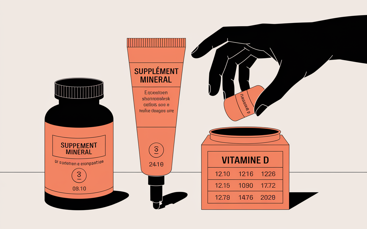 Trois flacons : mineral, homeopathie, vitamine D avec dosages