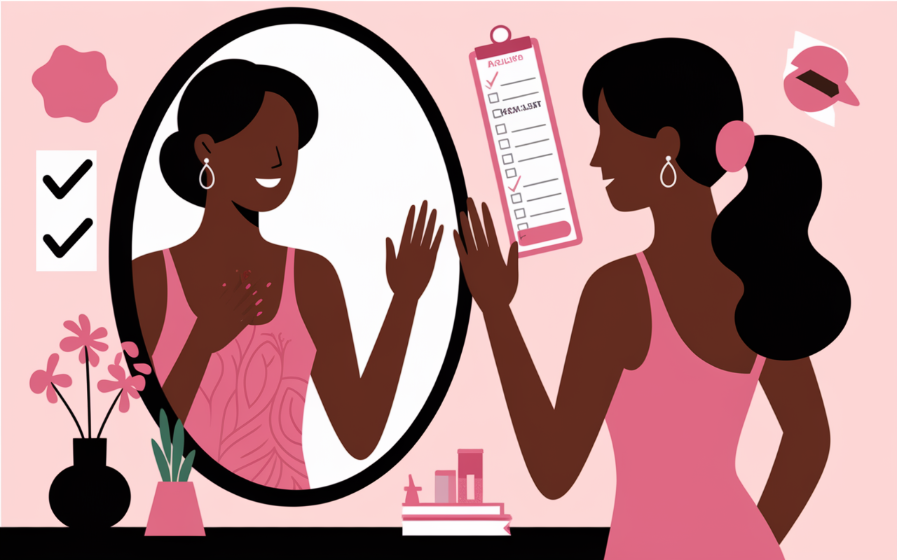 Femme fière devant miroir touche cuisse sans cellulite