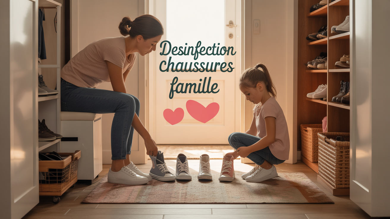 famille rangeant chaussures sur tapis vue centrale desinfection