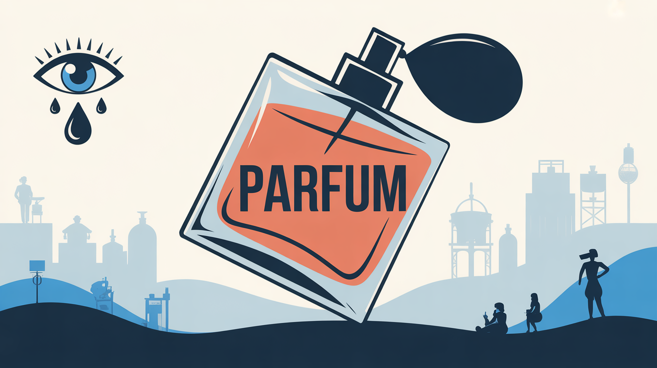Flacon parfum goutte suspendue œil stylisé sécurité rinçage