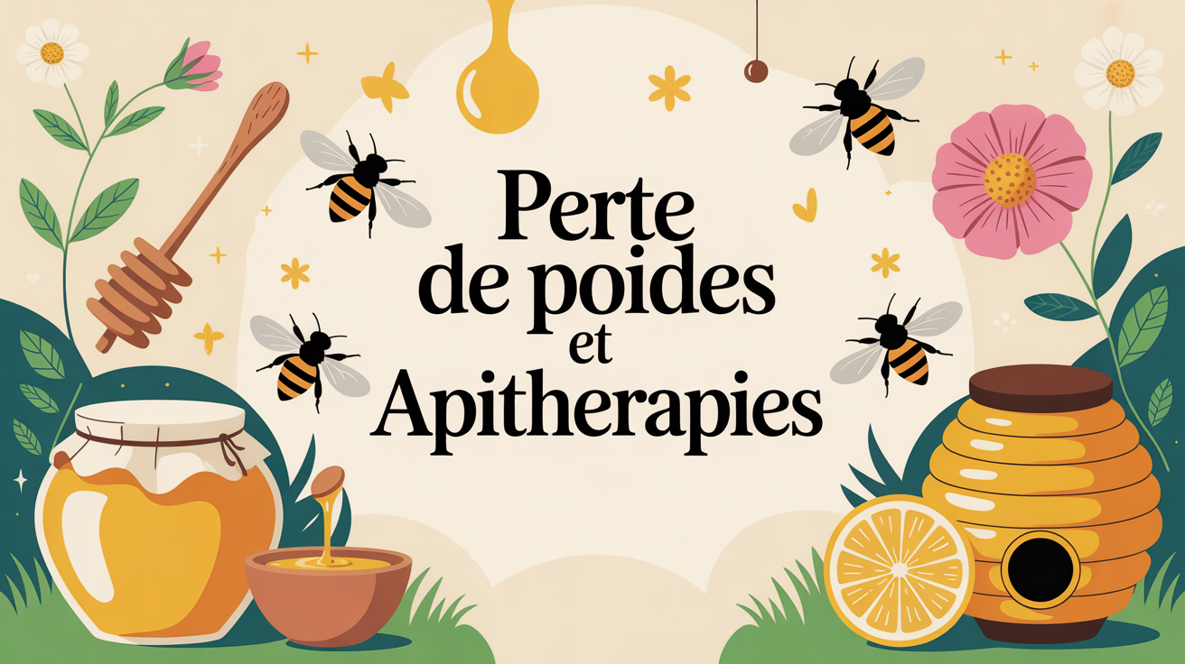 Illustration perte de poids et apithérapie, balance, produits ruche