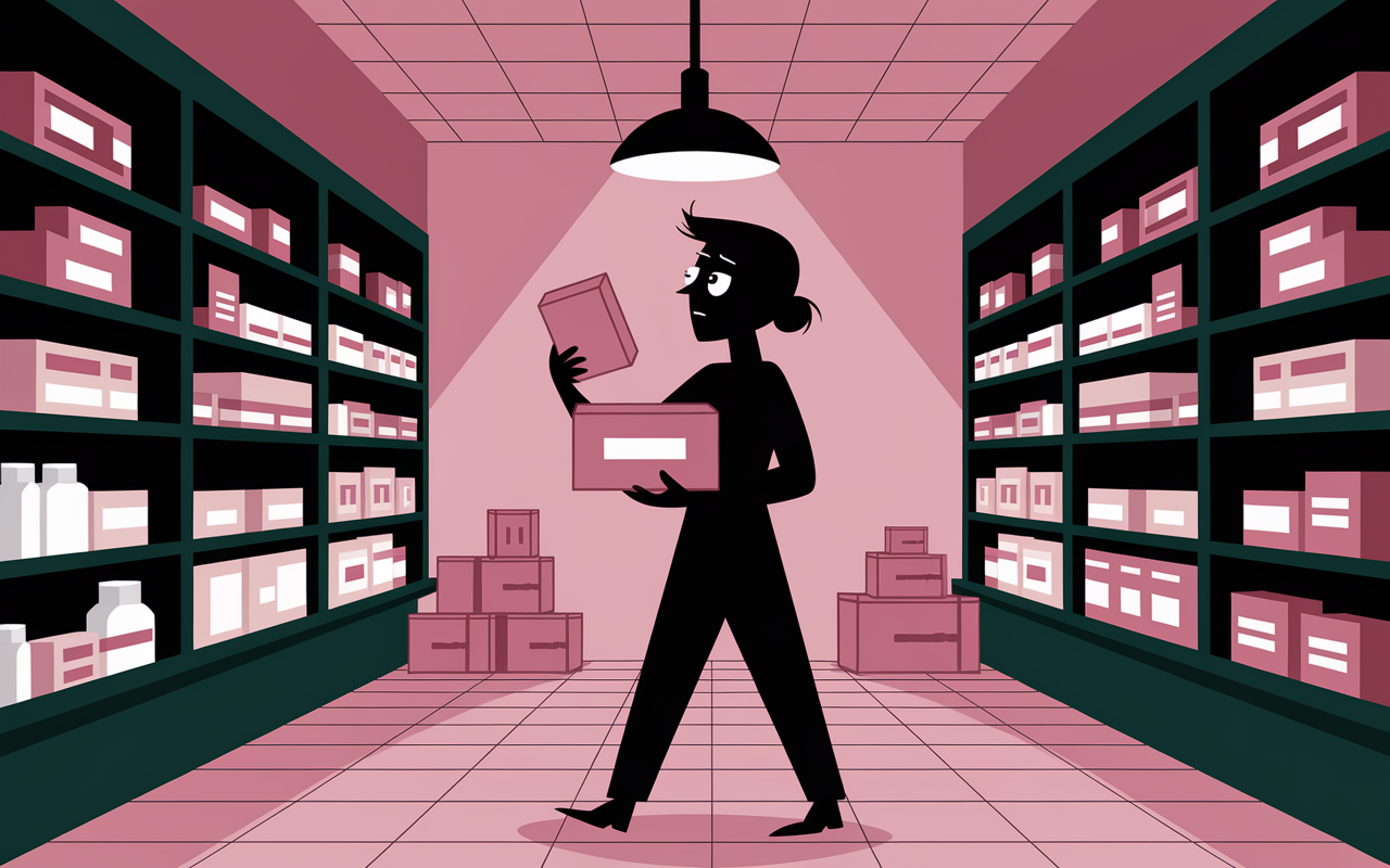 Pharmacie stylisee avec boite de Rexorubia barrée