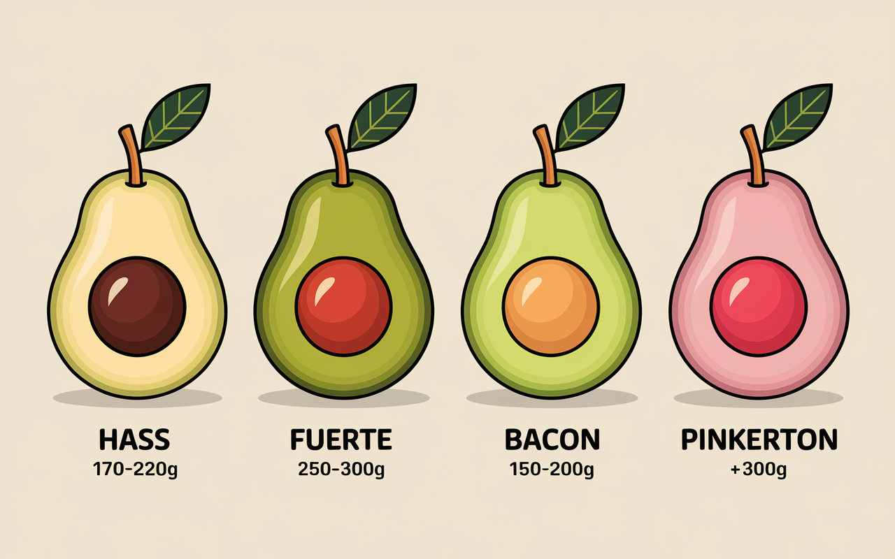 différentes variétés d'avocat avec poids comparatif poids avocat