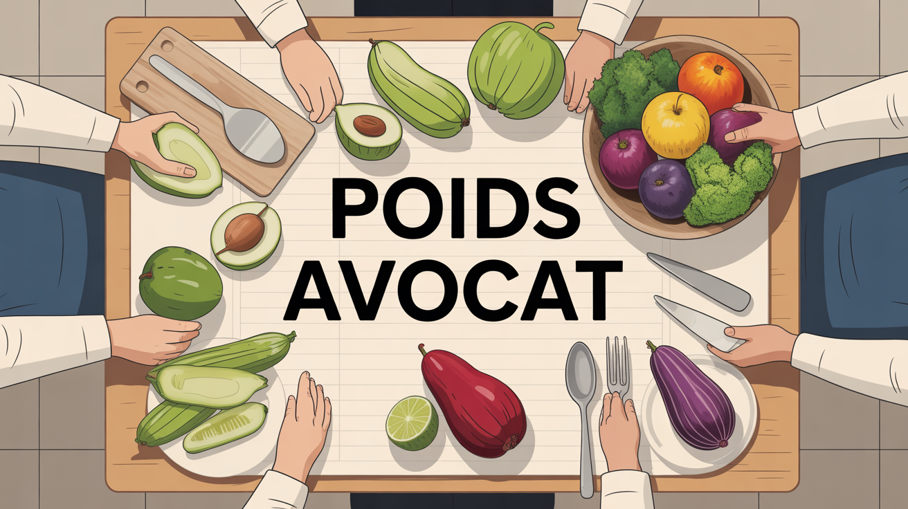 avocats entiers et coupés sur table avec balance, poids avocat