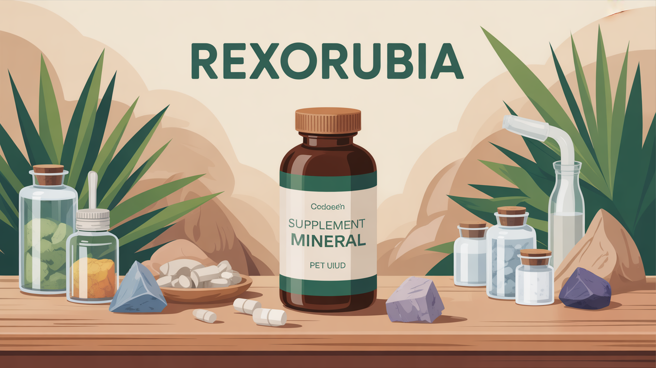 Flacon de Rexorubia avec cuilleres doseuses et bocaux minéraux
