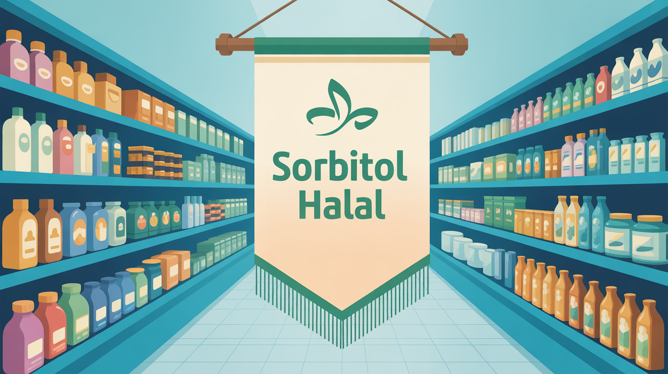 Rayon de supermarché avec produits halal, vegan et casher et banderole 'Sorbitol Halal'
