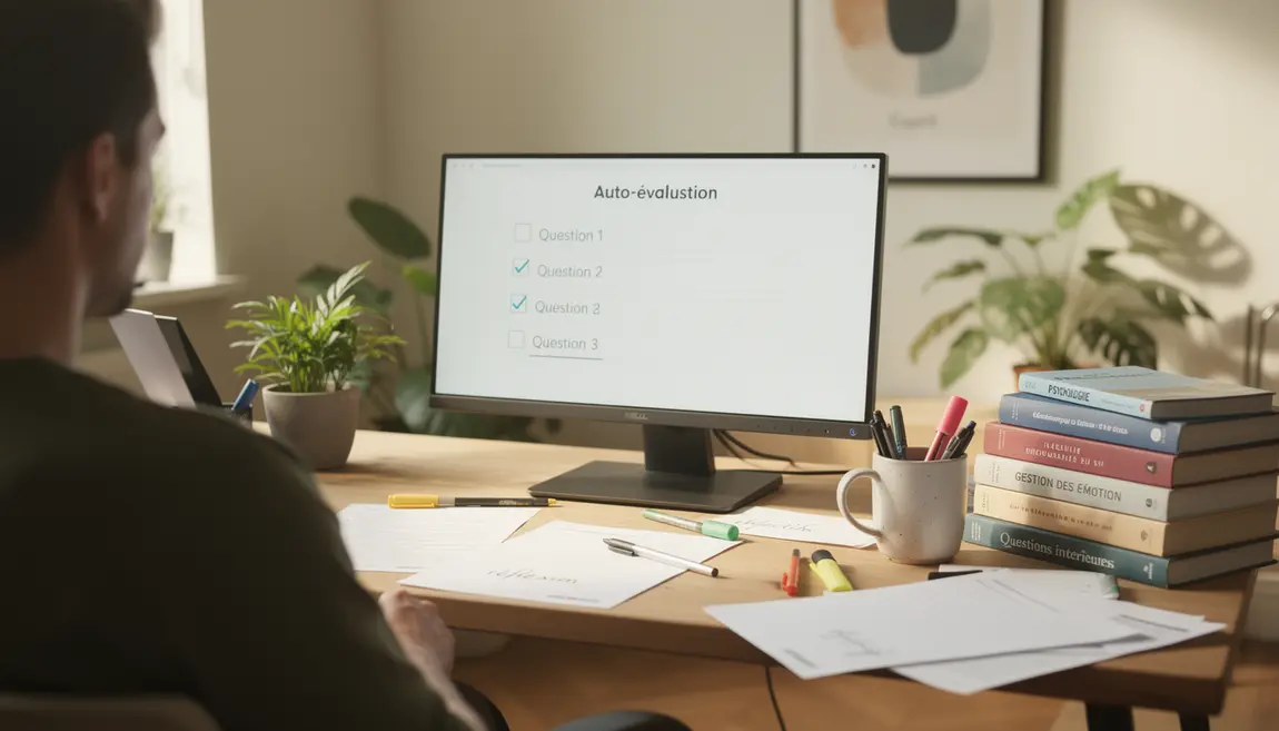 bureau avec ordinateur cases cochees pour autoévaluation psychologie