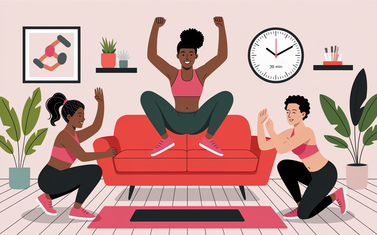 Personnages faisant cardio à la maison, jumping jacks squat planche