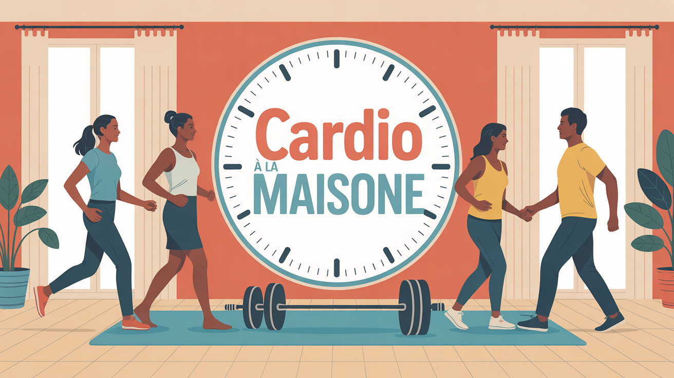 Illustration famille cardio à la maison, ambiance chaleureuse