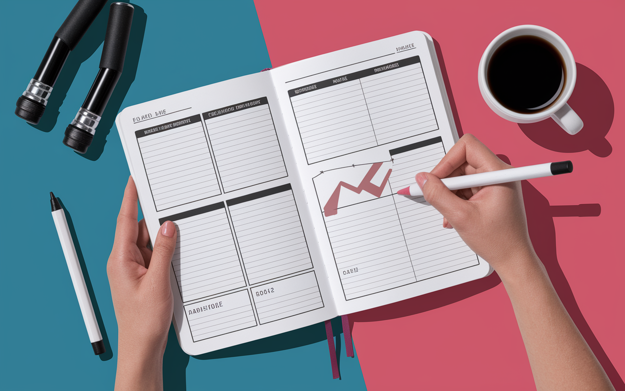 Carnet d’entraînement musculation A5 avec tableaux et graphiques en salle de sport