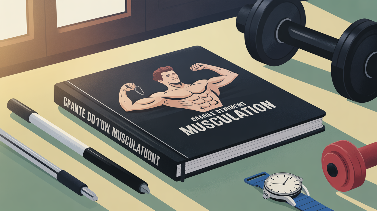 Photo carnet entraînement musculation sur table avec haltères et montre