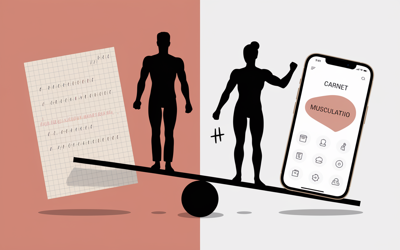 Carnet papier et appli musculation en comparatif avec balance stylisée