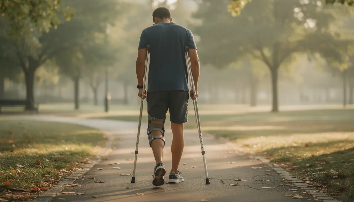 Personne marche avec genouillere et bequilles fissure menisque