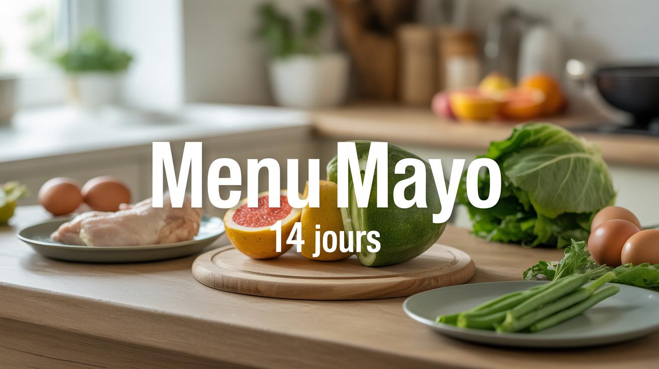 Menu Mayo 14 jours avec oeufs pamplemousse poulet légumes verts