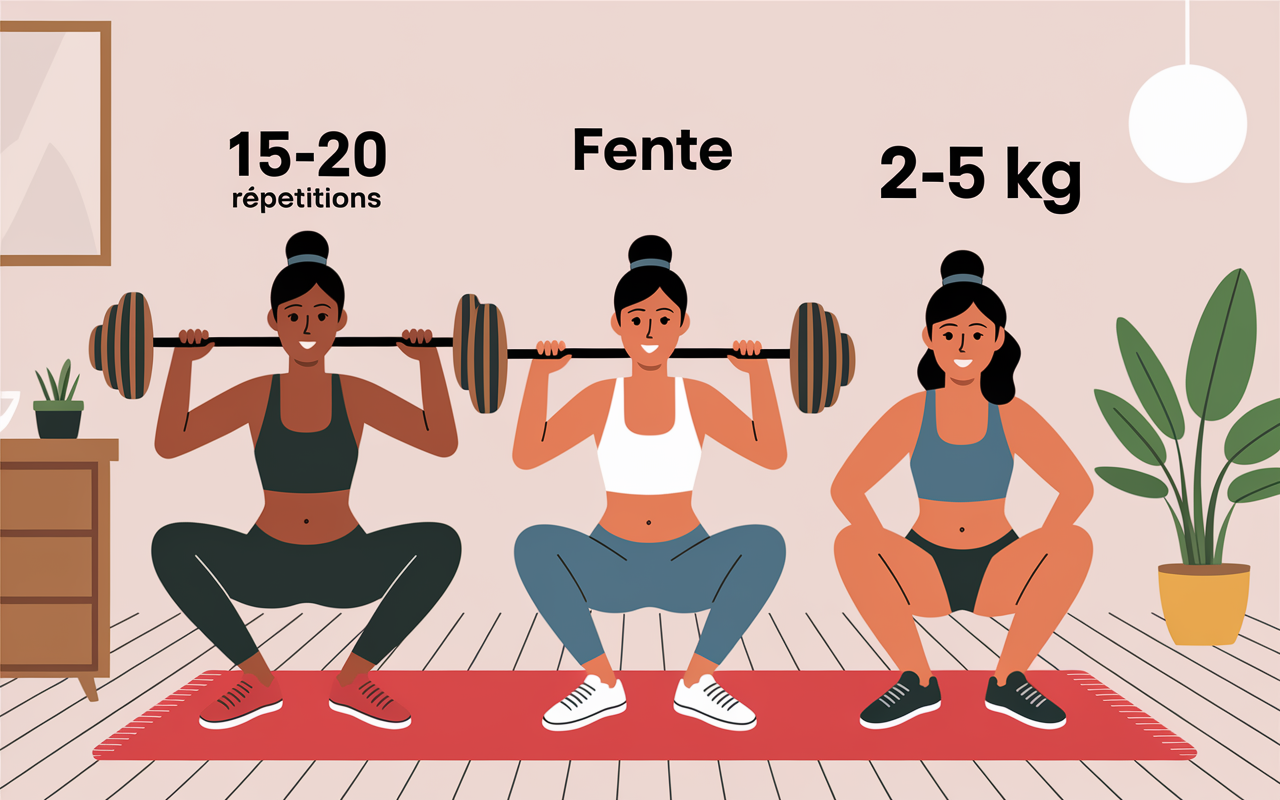 musculation femme debutante squat fente gainage haltères