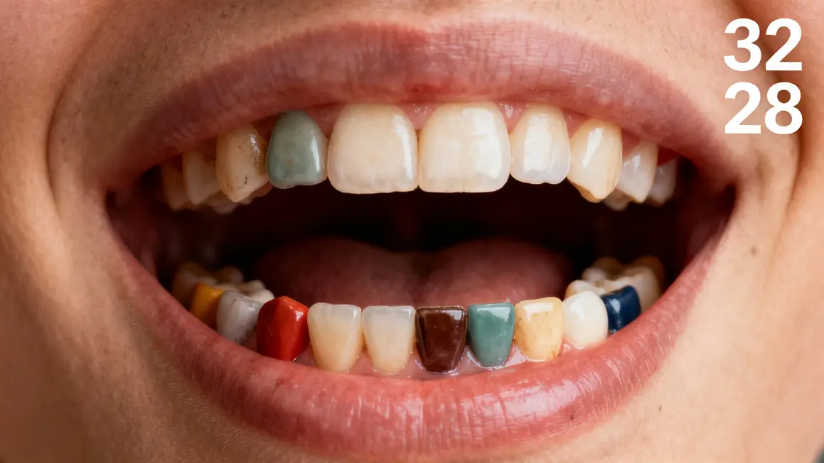 Schema bouche ouverte avec 32 dents adultes identifiees