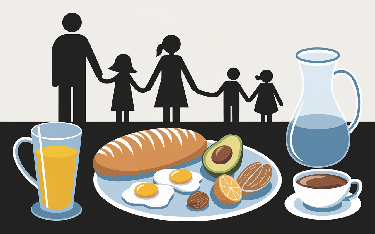 Petit dejeuner ideal plateau equilibre pain complet oeufs avocat fruit noix the eau