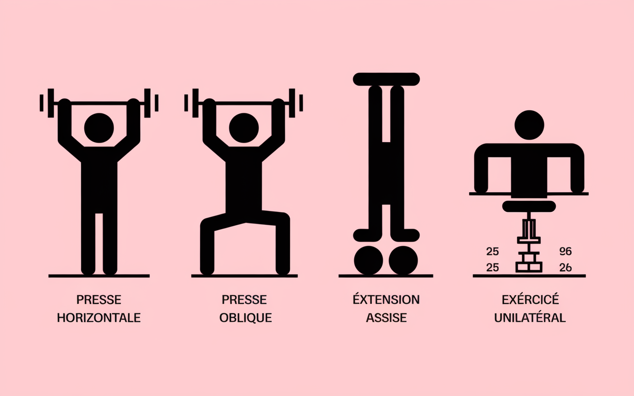 schéma variantes presse a cuisses mollets postures et pieds
