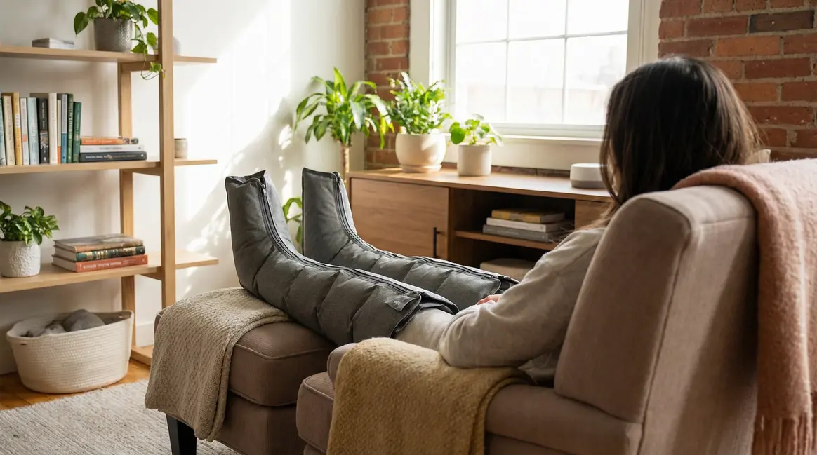 Personne installee en pressotherapie jambes couvertes ambiance centre de soin