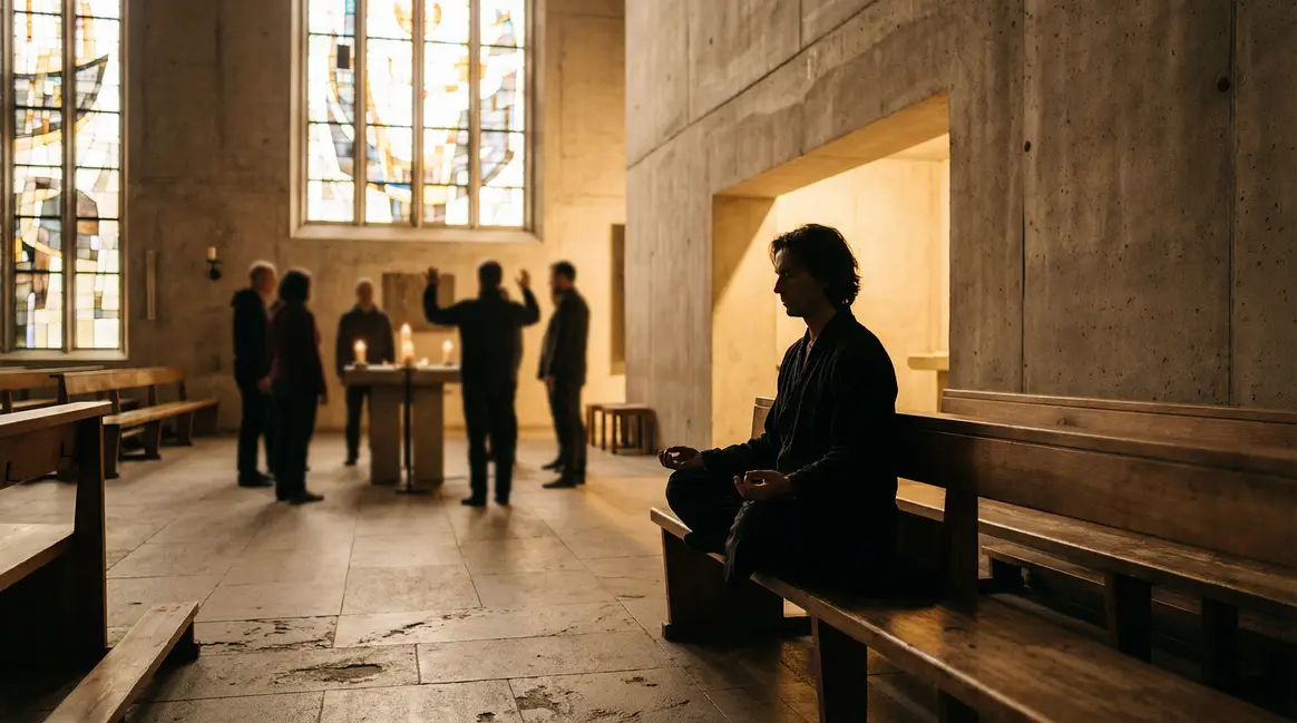Silhouettes en méditation et rituel en église, religion spiritualité