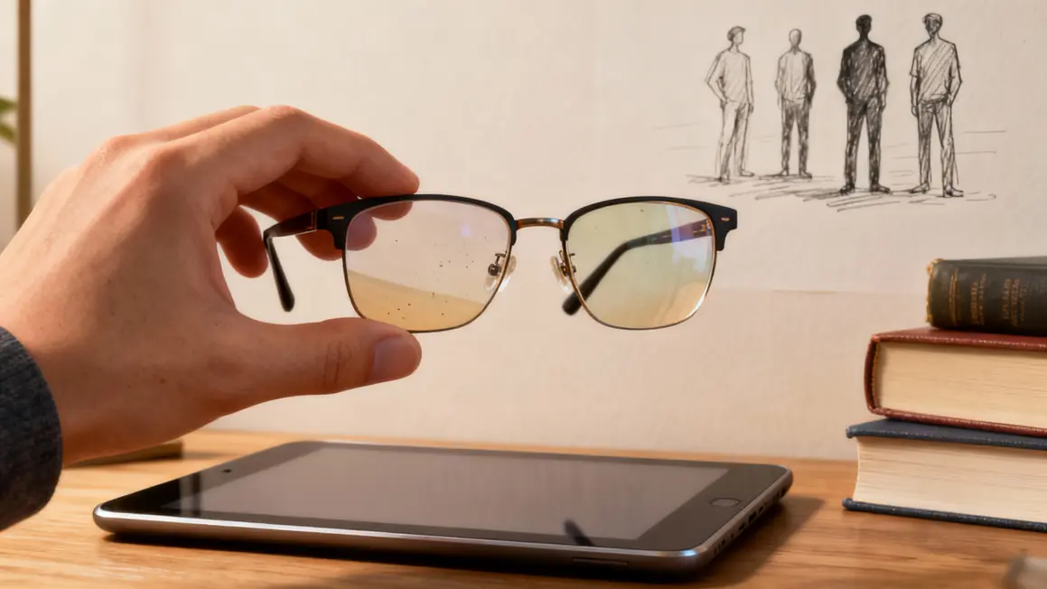 Main tenant verres progressifs Varilux devant tablette