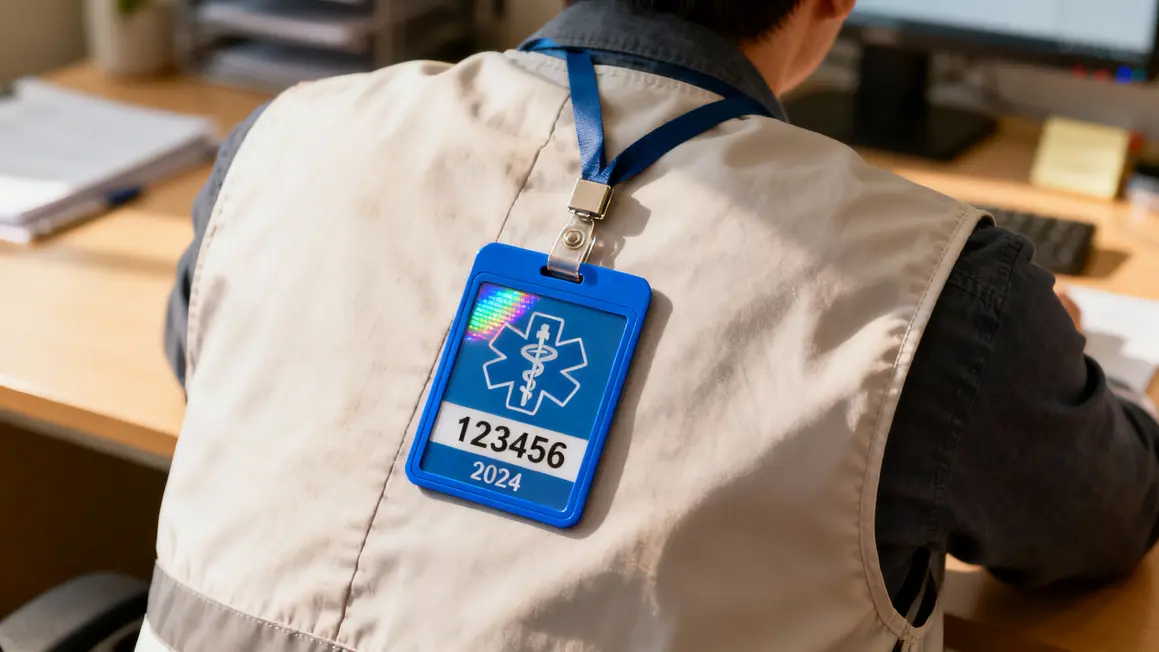 gros plan badge caducée infirmier hologramme sur veste