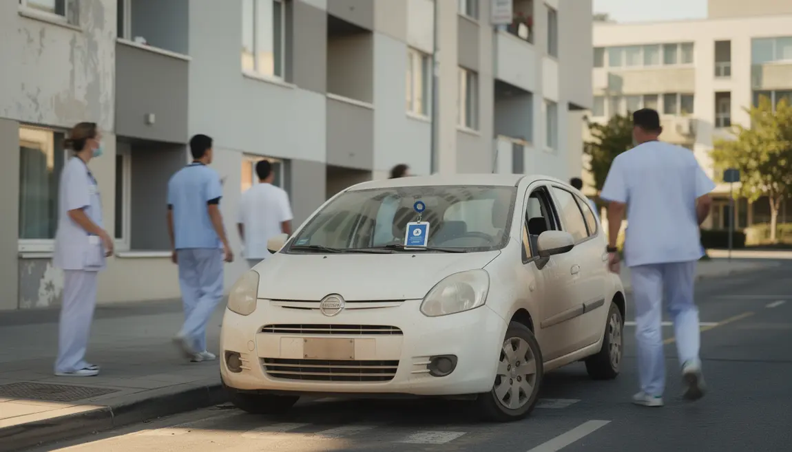 caducée infirmier affiché sur pare-brise d'une voiture d'infirmier