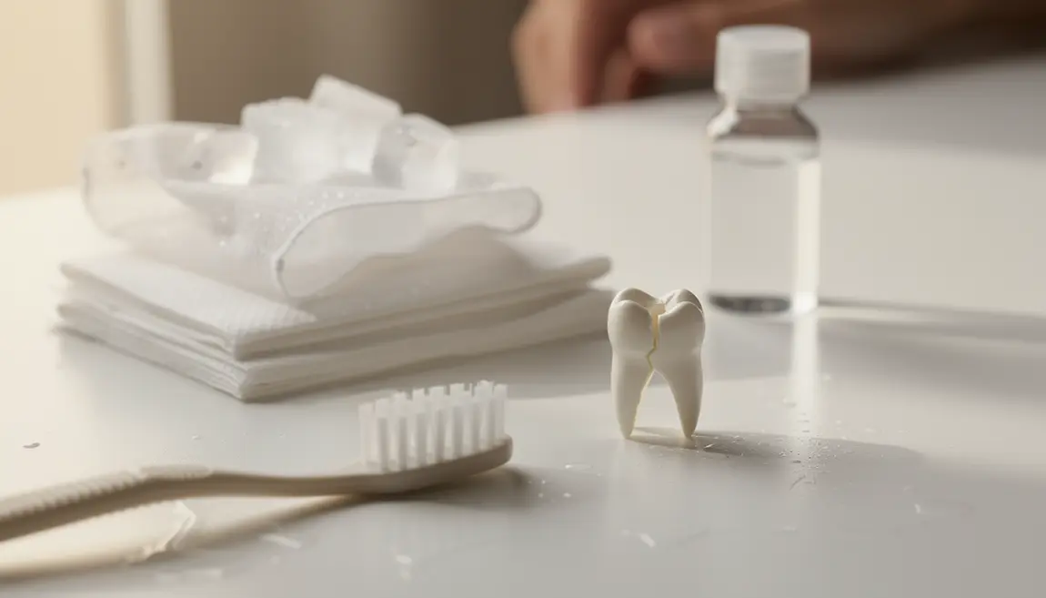 Brosse à dents souple, dent cassée, compresse, glace, sérum physiologique