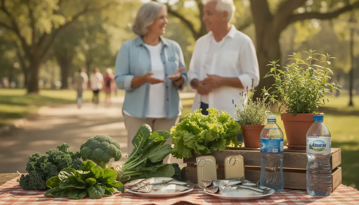 senior et accompagnant dehors avec aliments sains pour os solides