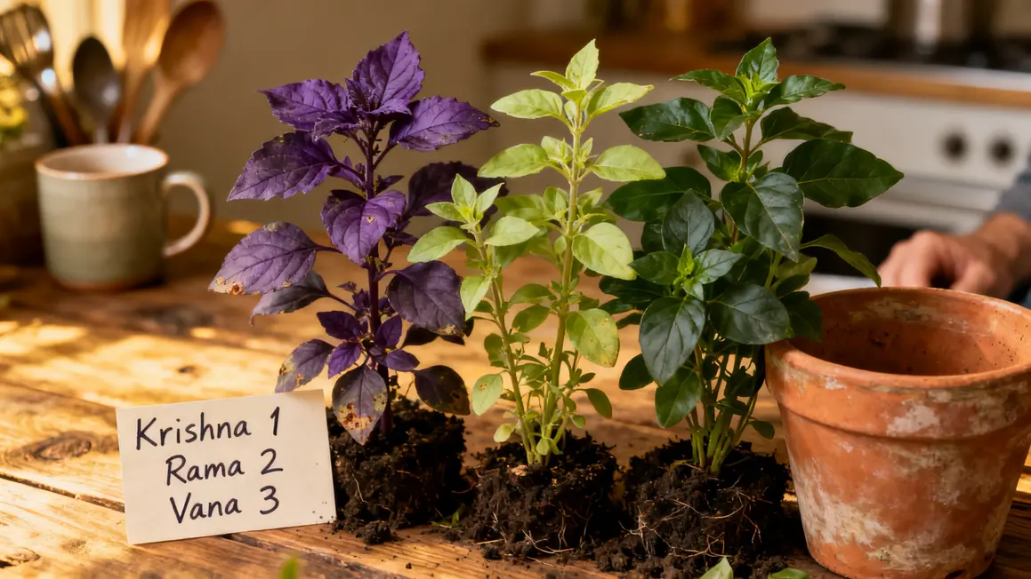 trois varietes tulsi basilic sacre botanique