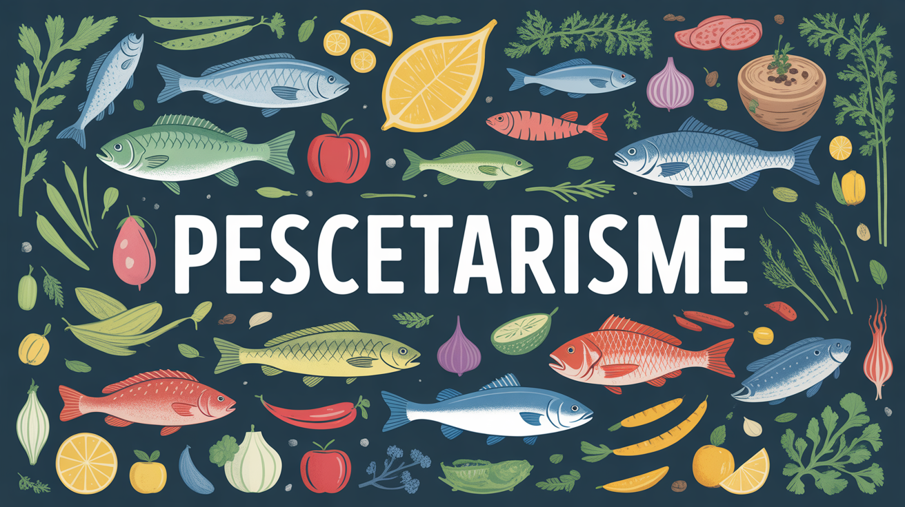 vegetarien qui mange du poisson autour d'une table colorée