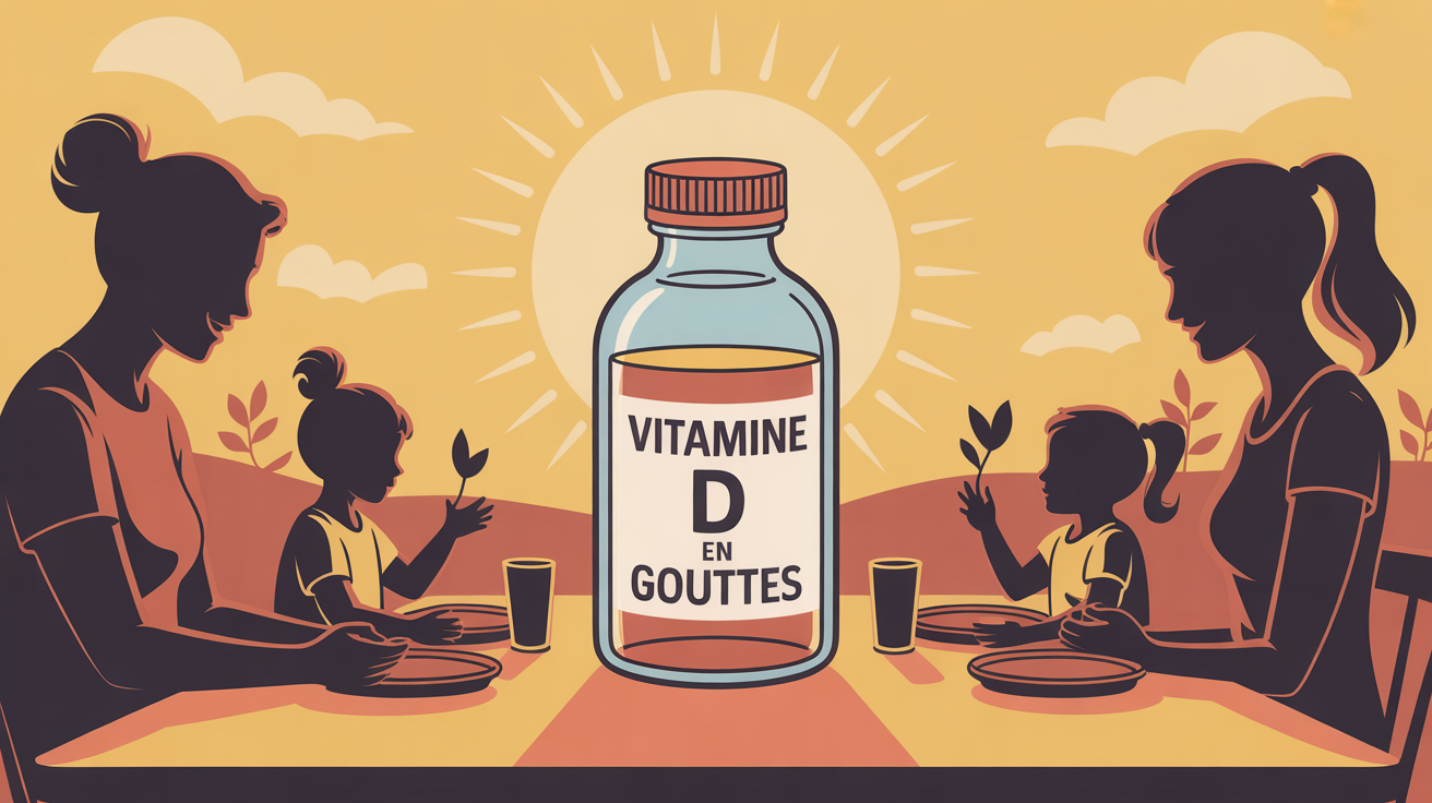 vitamin d en goutte flacon sur table familiale