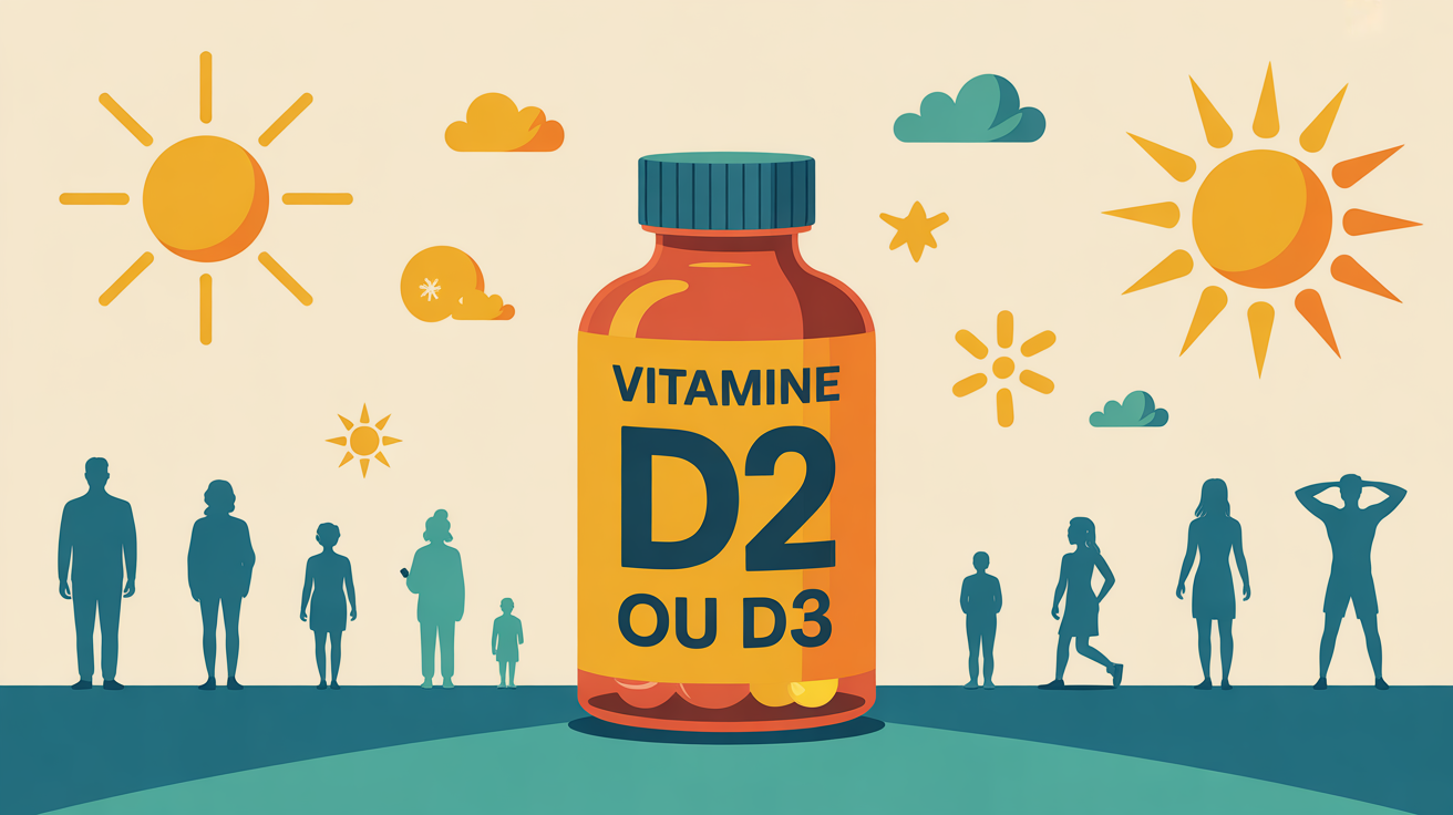 illustration vitamine d ou d3 flacon personnes soleil
