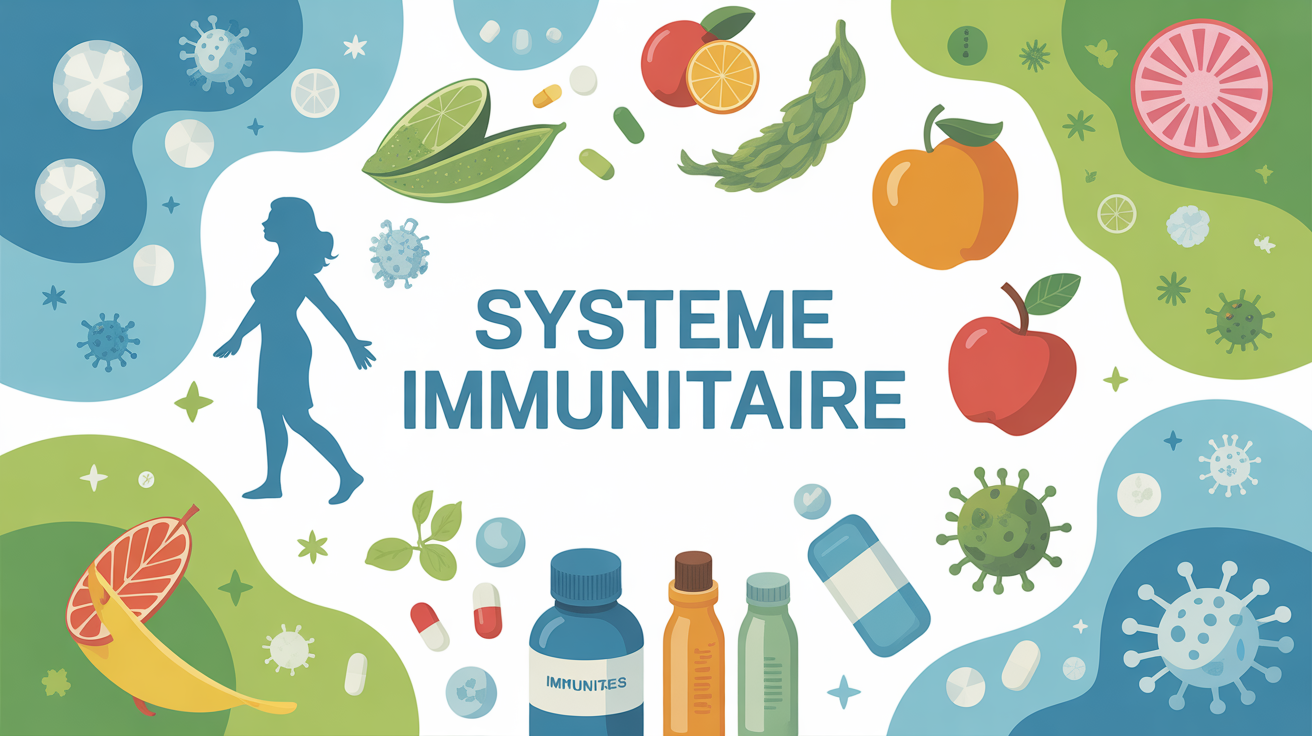 illustration systeme immunitaire avec vitamines et aliments