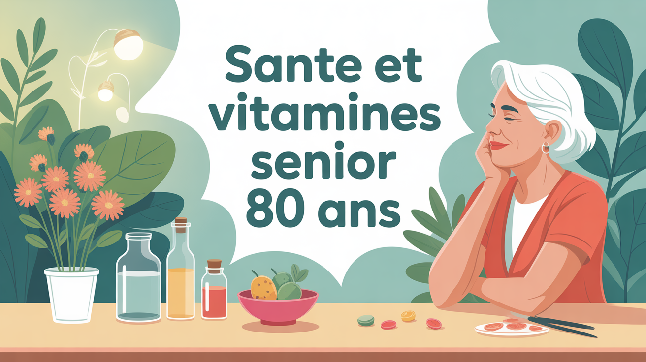 Table avec pilulier et silhouette senior illustration vitamines senior 80 ans