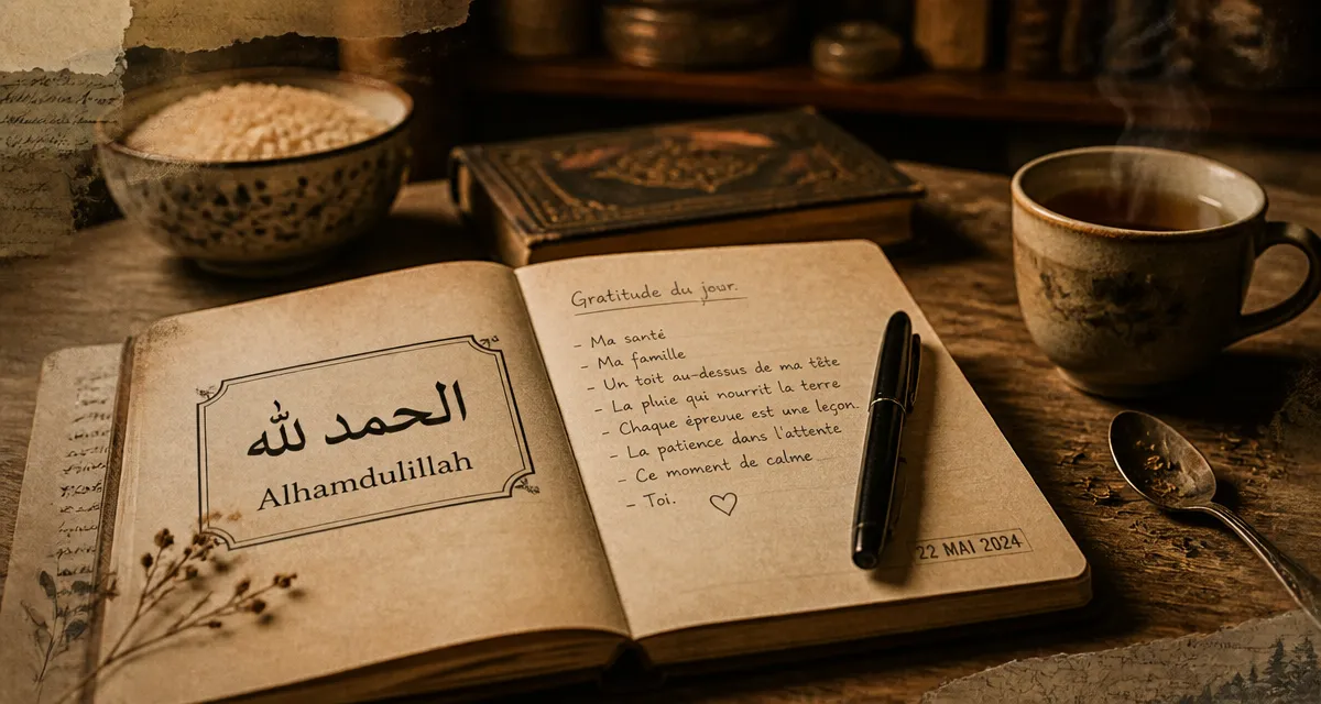 Alhamdulillah traduction : carnet de gratitude, thé fumant