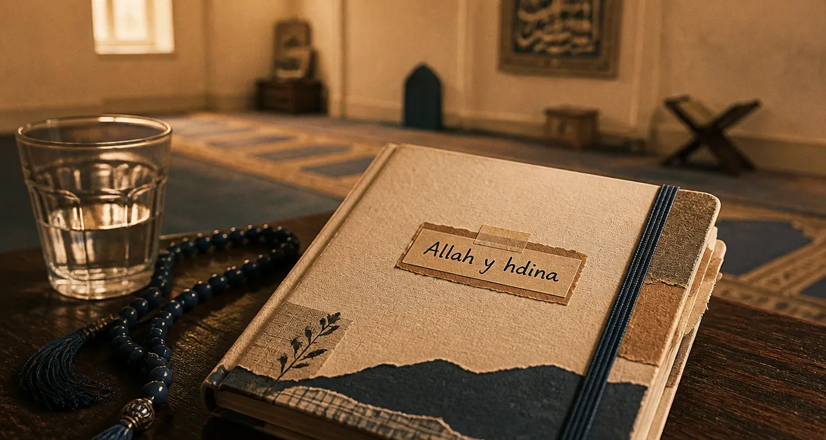 Photo du carnet « allah y hdina » avec chapelet et eau