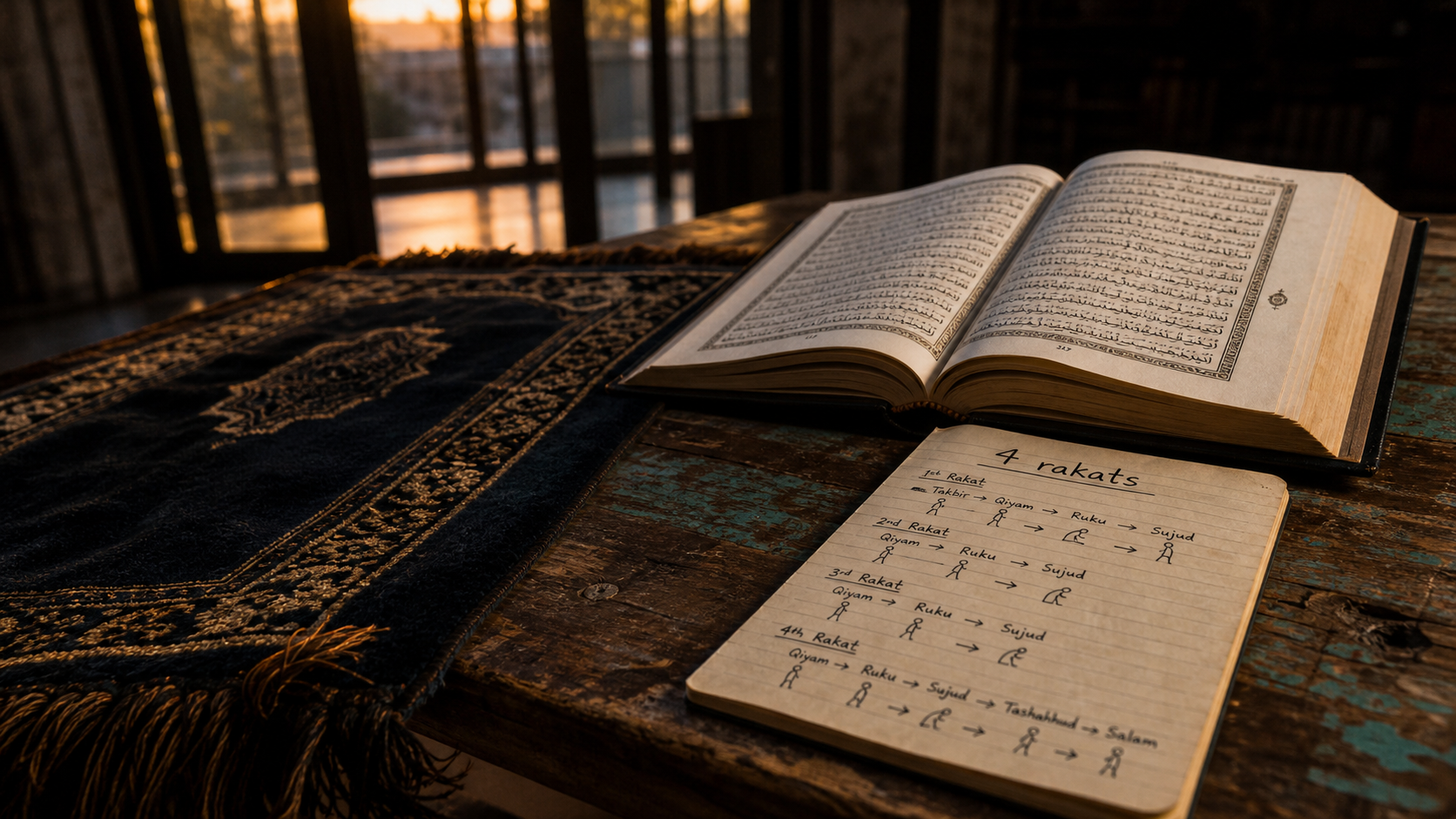 Asr rakat : 4 rakats obligatoires sur tapis et Coran