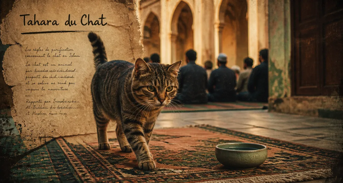 Chat islam dans une mosquée, tapis de prière et bol d’ablution