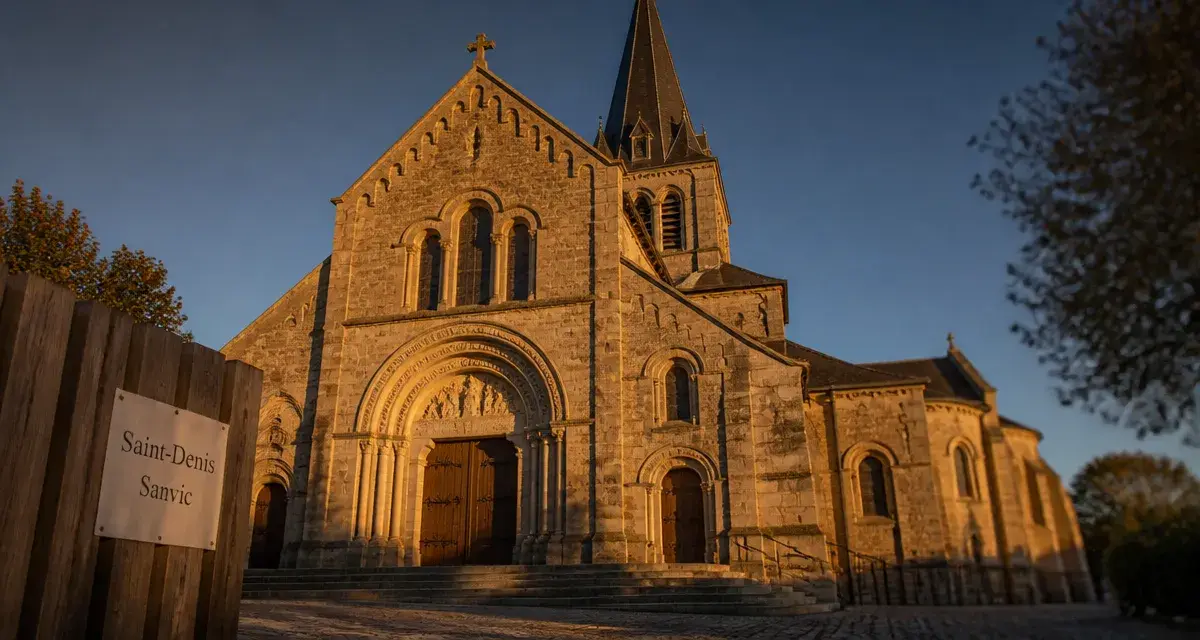 Église saint denis de sanvic : façade néo-romane au Havre, golden hour