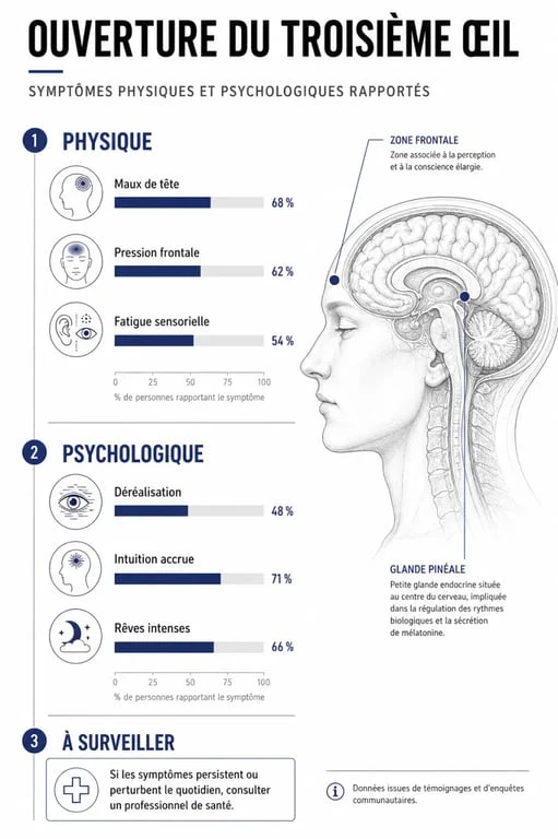 Infographie des symptômes et dangers liés à l'ouverture du troisième œil