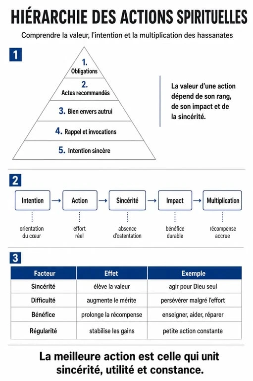 Infographie illustrant la hiérarchie des hassanates et la multiplication des bonnes actions en islam