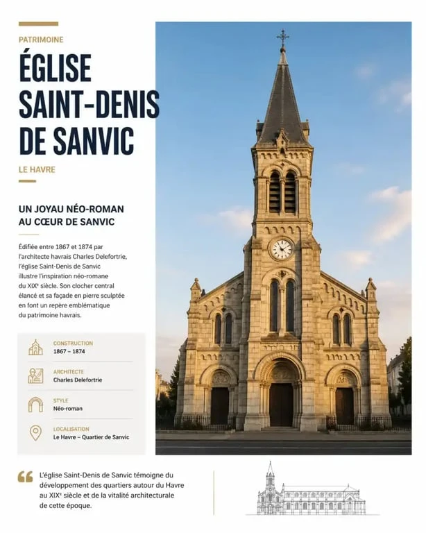 Façade et clocher de l'église Saint-Denis de Sanvic au Havre, un monument historique du quartier.