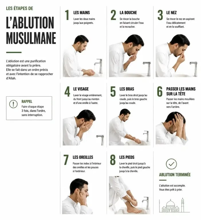 Infographie des étapes de l'ablution musulmane wudu pour la prière